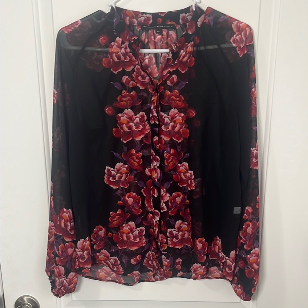 White House Black Market Black Floral Long Sleeve Ruffled Blouse Sz XS